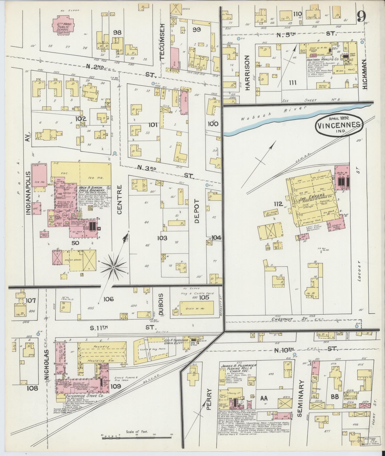 Sanborn Fire Insurance Map from Vincennes, Knox County, Indiana (1892), Sheet #0009 - Historic Sanborn Fire Insurance Map Print, vintage old map wall art, antique decor, genealogy gift, Indiana Indiana map