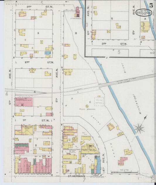 Sanborn Fire Insurance Map from Saint Cloud, Stearns, Benton, and Sherburne Counties, Minnesota (1893), Sheet #0005 - Historic Sanborn Fire Insurance Map Print, vintage old map wall art, antique decor, genealogy gift, Minnesota Minnesota map