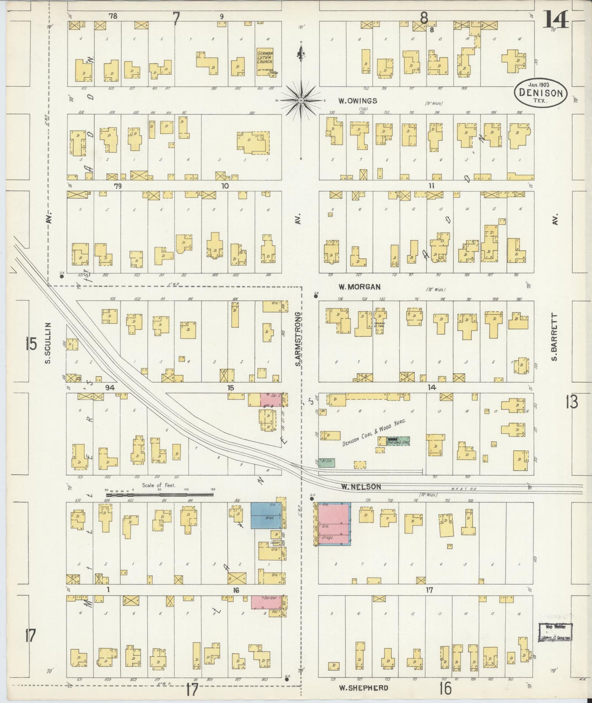 Sanborn Fire Insurance Map from Denison, Grayson County, Texas (1903), Sheet #0014 - Historic Sanborn Fire Insurance Map Print, vintage old map wall art, antique decor, genealogy gift, Texas Texas map