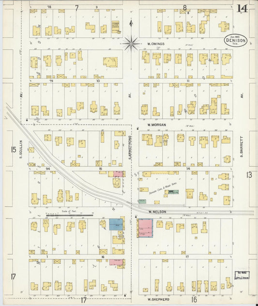 Sanborn Fire Insurance Map from Denison, Grayson County, Texas (1903), Sheet #0014 - Historic Sanborn Fire Insurance Map Print, vintage old map wall art, antique decor, genealogy gift, Texas Texas map