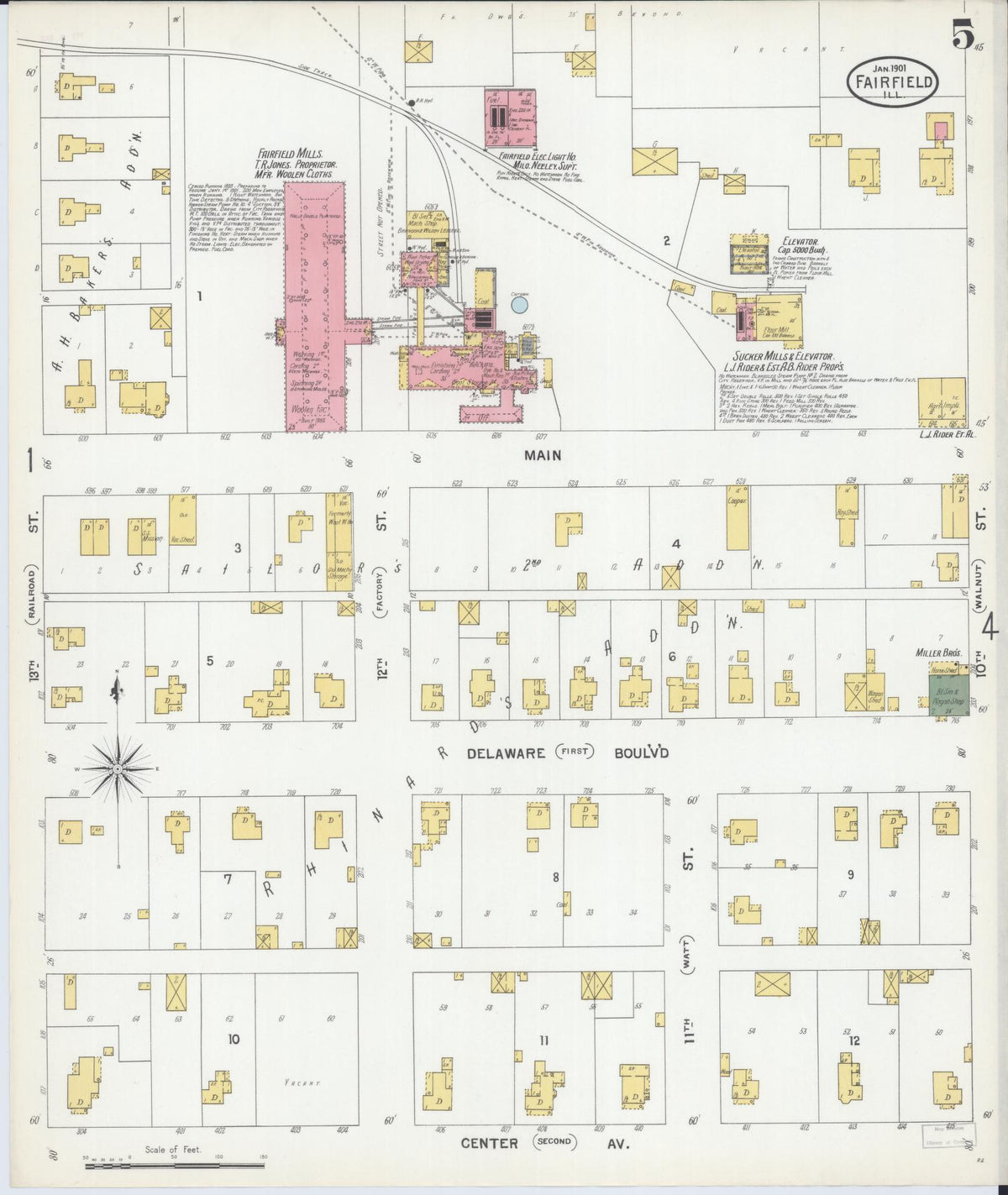 Sanborn Fire Insurance Map from Fairfield, Wayne County, Illinois (1901), Sheet #0005 - Historic Sanborn Fire Insurance Map Print, vintage old map wall art, antique decor, genealogy gift, Illinois Illinois map