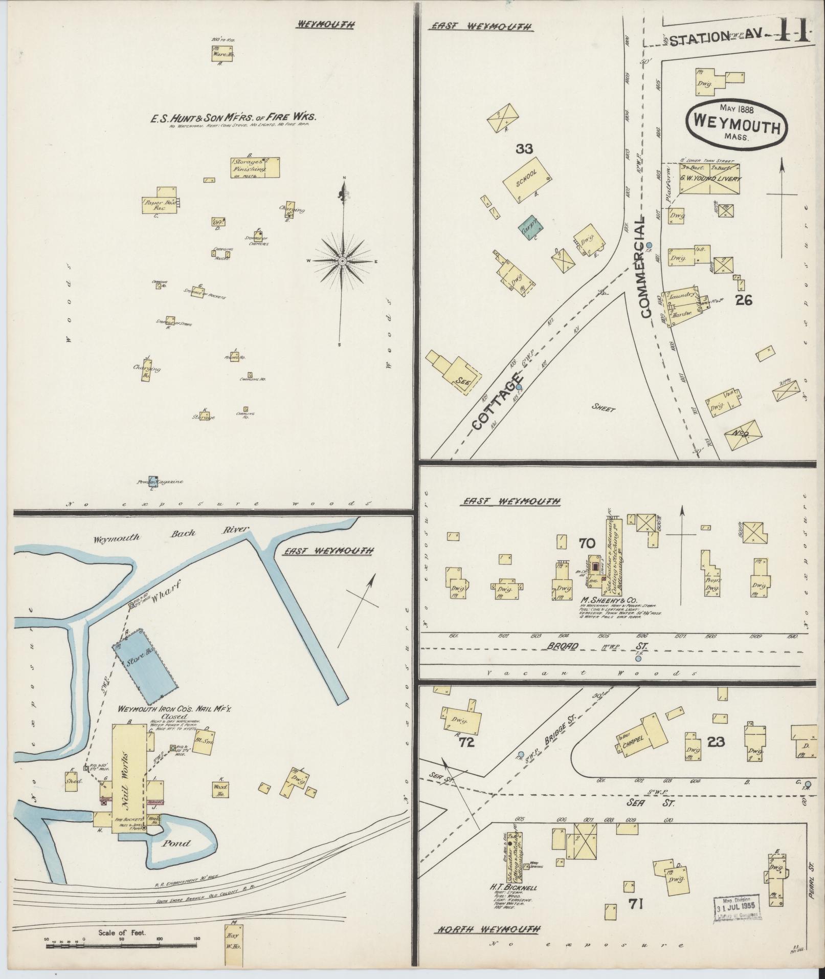 Sanborn Fire Insurance Map from Weymouth, Norfolk County, Massachusetts (1888), Sheet #0011 - Complete Map Set gallery image, historic Sanborn map, vintage wall art, Massachusetts Massachusetts