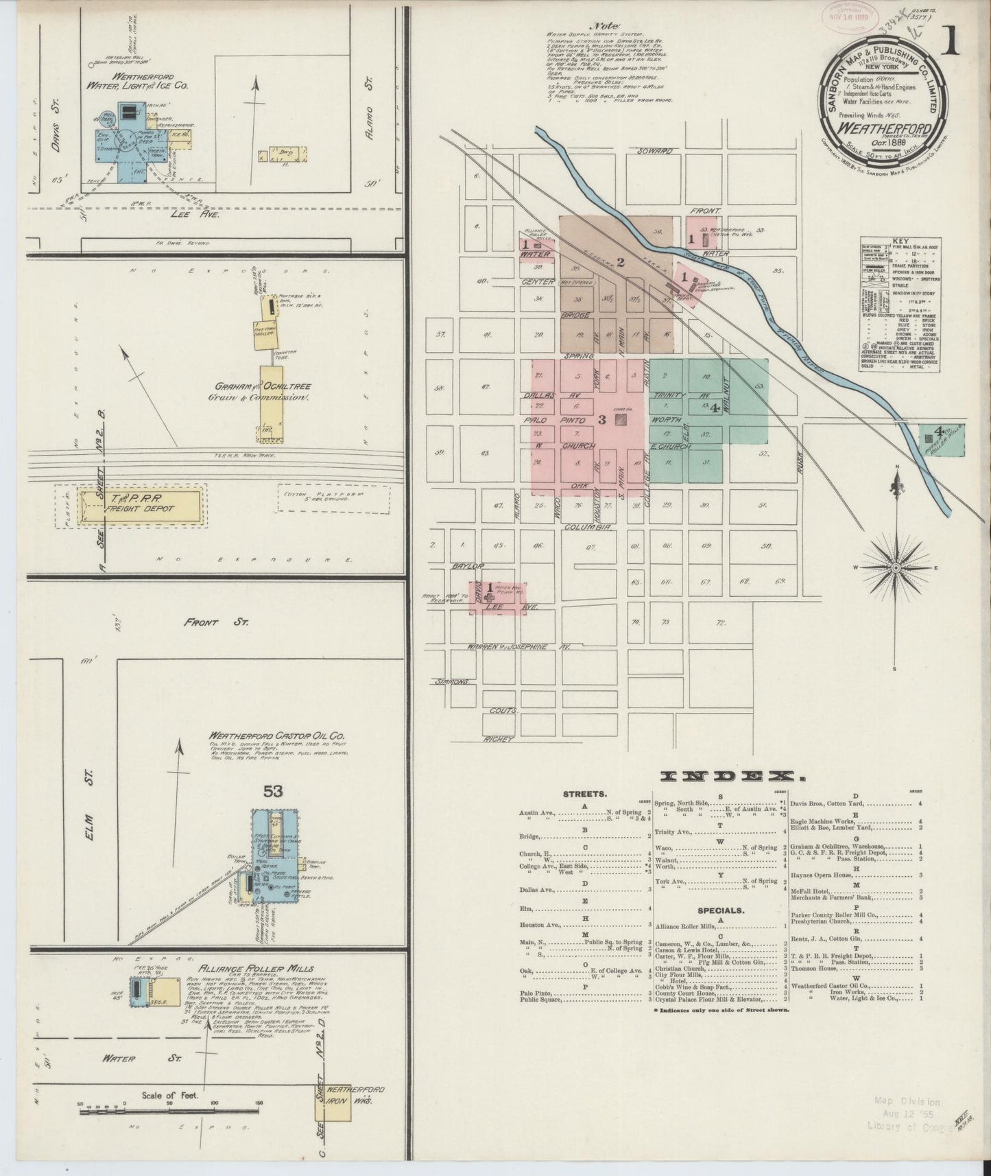 Sanborn Fire Insurance Map from Weatherford, Parker County, Texas (1889), Sheet #0001 - Historic Sanborn Fire Insurance Map Print, vintage old map wall art, antique decor, genealogy gift, Texas Texas map