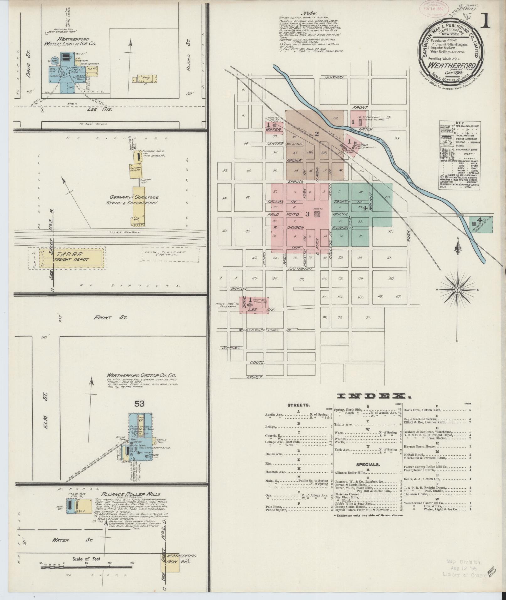 Sanborn Fire Insurance Map from Weatherford, Parker County, Texas (1889), Sheet #0001 - Historic Sanborn Fire Insurance Map Print, vintage old map wall art, antique decor, genealogy gift, Texas Texas map