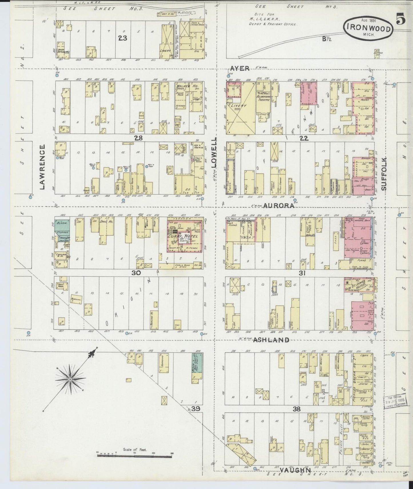 Sanborn Fire Insurance Map from Ironwood, Gogebic County, Michigan (1891), Sheet #0005 - Complete Map Set gallery image, historic Sanborn map, vintage wall art, Michigan Michigan