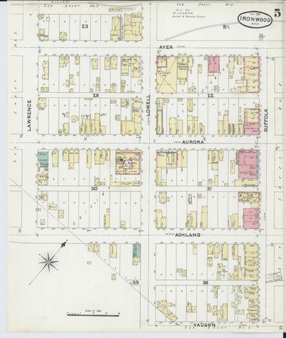 Sanborn Fire Insurance Map from Ironwood, Gogebic County, Michigan (1891), Sheet #0005 - Complete Map Set gallery image, historic Sanborn map, vintage wall art, Michigan Michigan