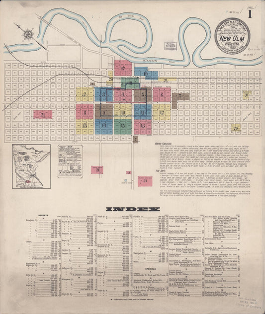 Sanborn Fire Insurance Map from New Ulm, Brown County, Minnesota (1922), Sheet #0001 - Historic Sanborn Fire Insurance Map Print, vintage old map wall art, antique decor, genealogy gift, Minnesota Minnesota map