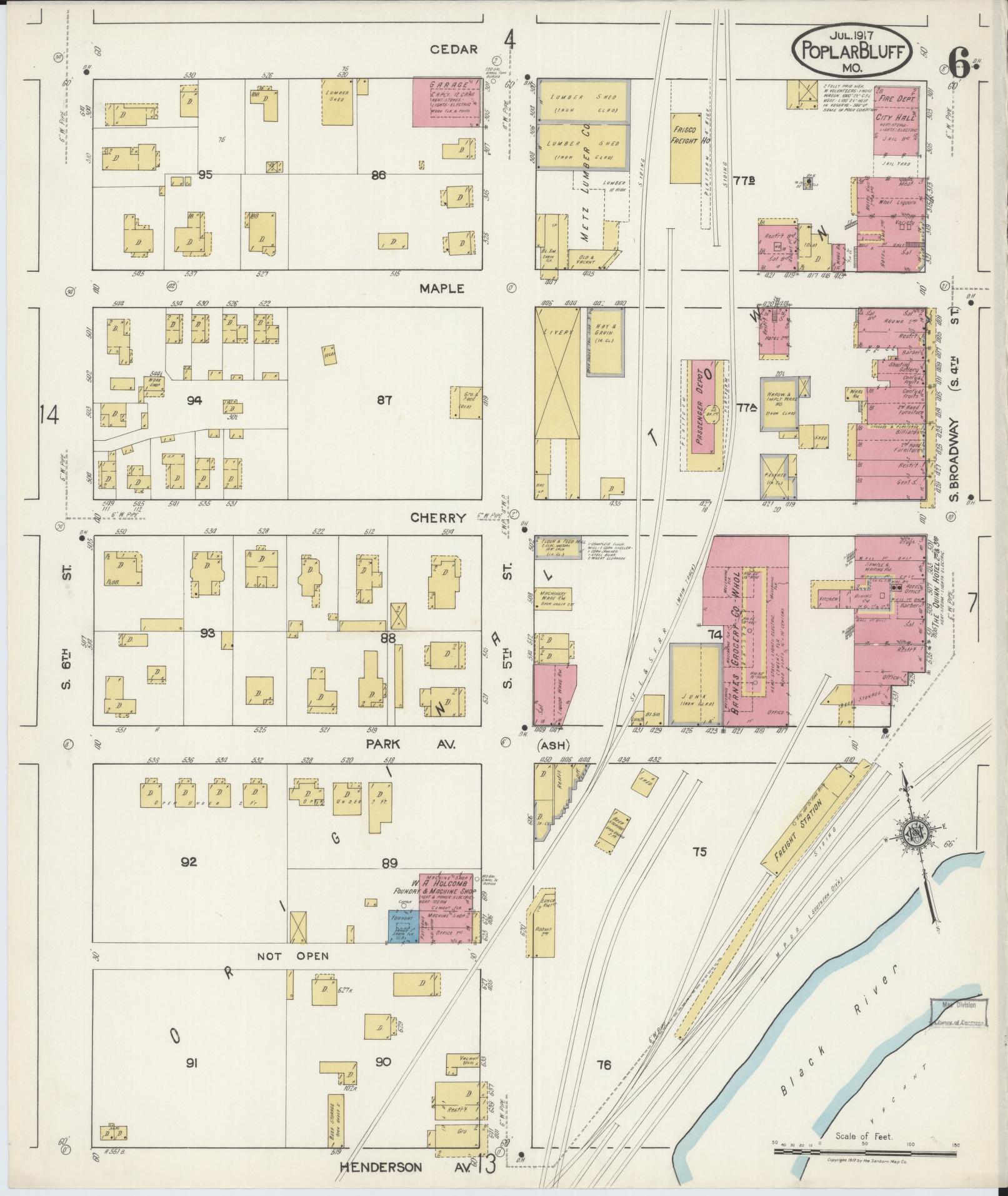 Sanborn Fire Insurance Map from Poplar Bluff, Butler County, Missouri (1917), Sheet #0006 - Complete Map Set gallery image, historic Sanborn map, vintage wall art, Missouri Missouri