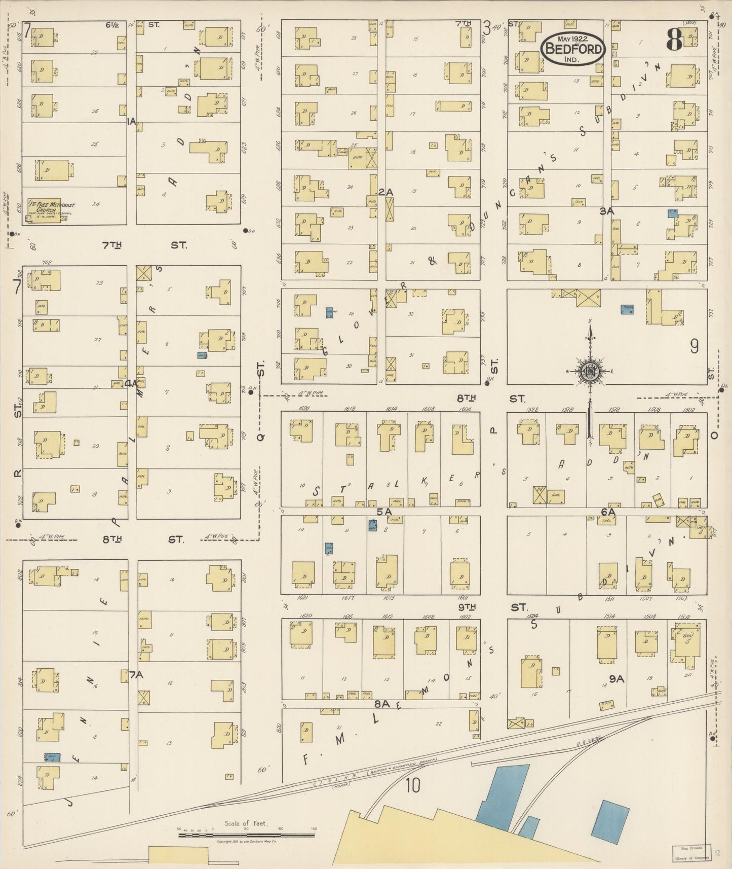 Sanborn Fire Insurance Map from Bedford, Lawrence County, Indiana (1922), Sheet #0008 - Complete Map Set gallery image, historic Sanborn map, vintage wall art, Indiana Indiana