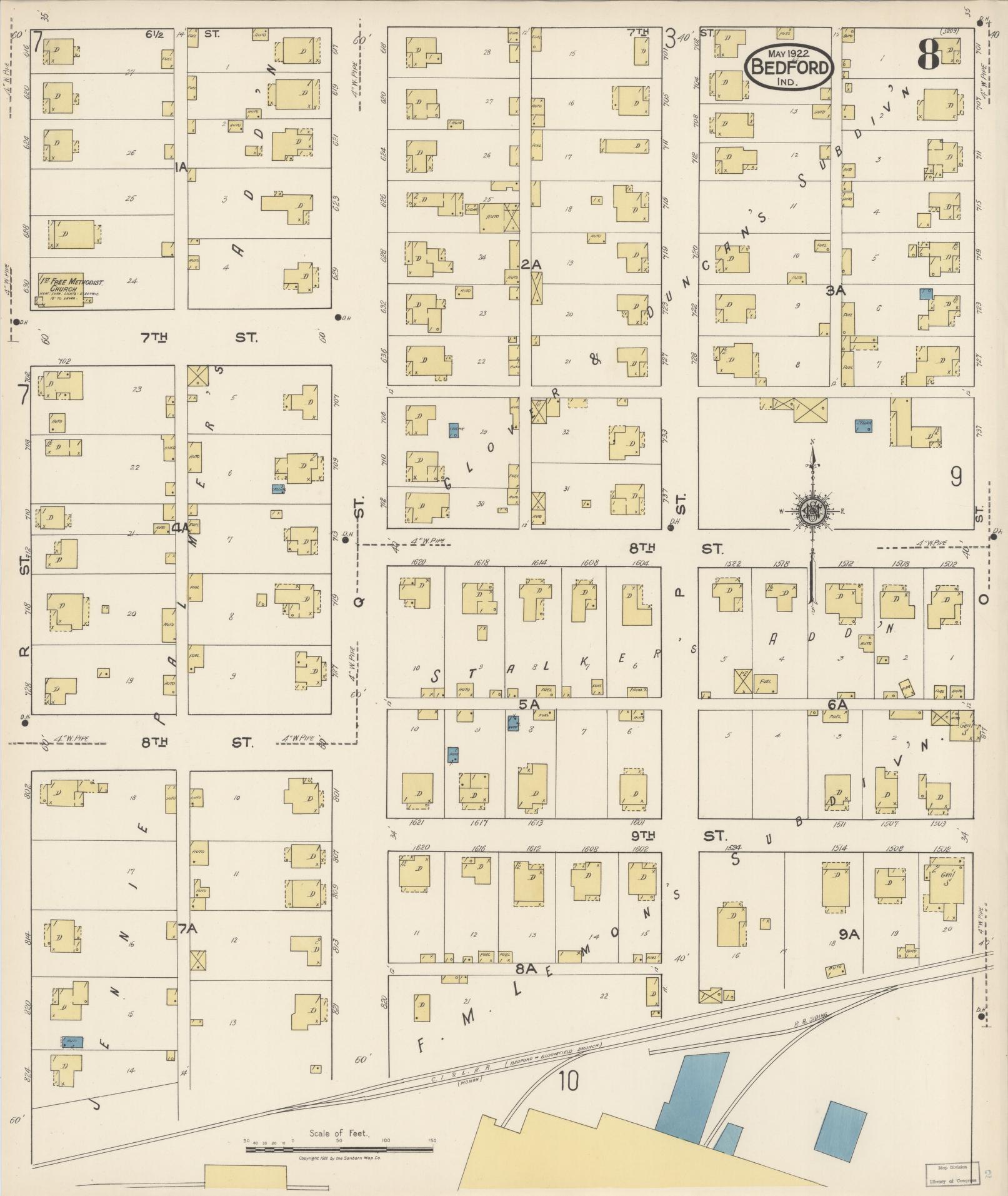 Sanborn Fire Insurance Map from Bedford, Lawrence County, Indiana (1922), Sheet #0008 - Complete Map Set gallery image, historic Sanborn map, vintage wall art, Indiana Indiana