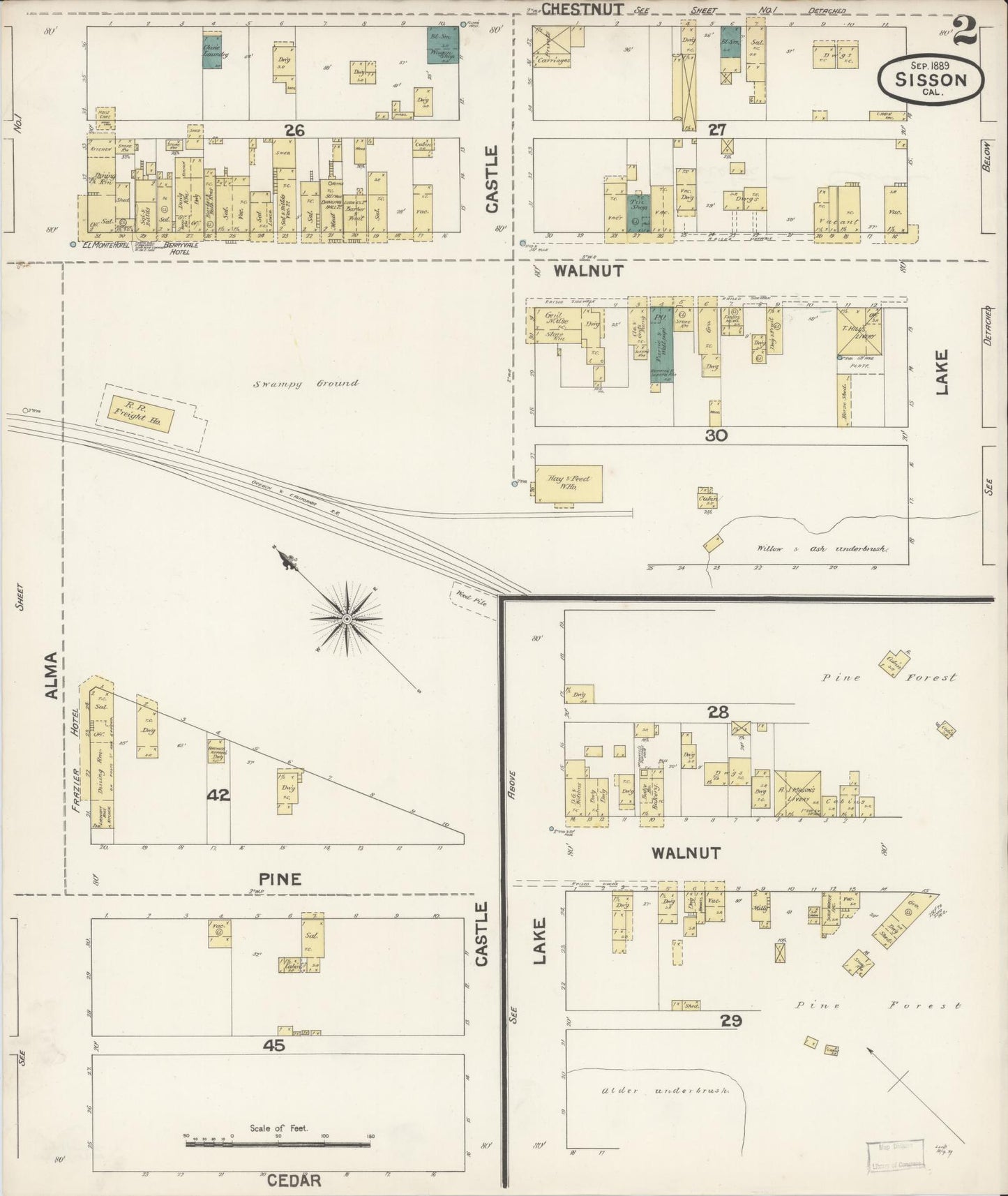 Sanborn Fire Insurance Map from Sisson, Siskiyou County, California (1889), Sheet #0002 - Complete Map Set gallery image, historic Sanborn map, vintage wall art, California California