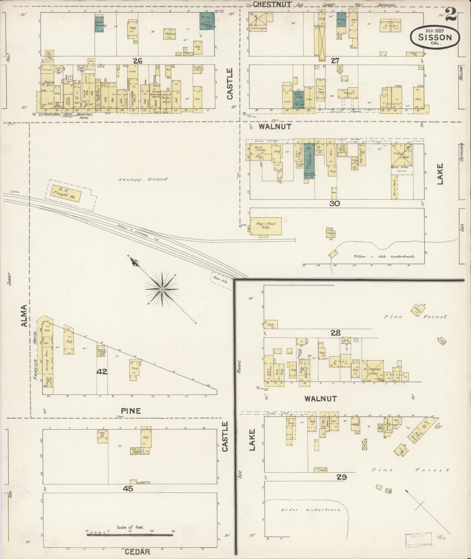 Sanborn Fire Insurance Map from Sisson, Siskiyou County, California (1889), Sheet #0002 - Complete Map Set gallery image, historic Sanborn map, vintage wall art, California California