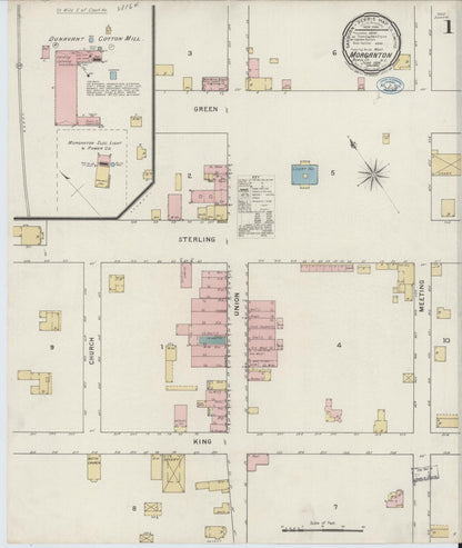 Sanborn Fire Insurance Map from Morganton, Burke County, North Carolina (1894), Sheet #0001 - Historic Sanborn Fire Insurance Map Print, vintage old map wall art, antique decor, genealogy gift, North Carolina North Carolina map
