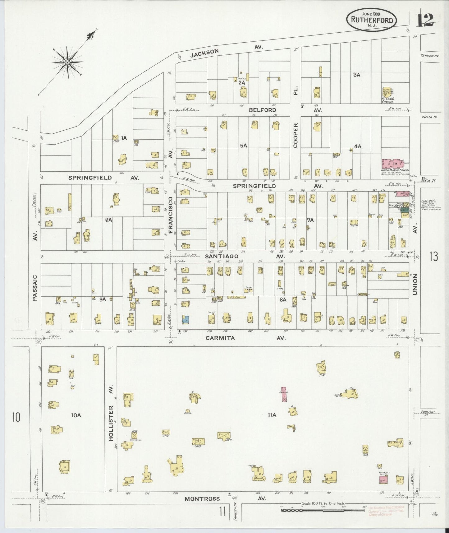 Sanborn Fire Insurance Map from Rutherford, Bergen County, New Jersey (1909), Sheet #0012 - Historic Sanborn Fire Insurance Map Print, vintage old map wall art, antique decor, genealogy gift, New Jersey New Jersey map