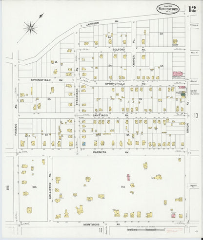 Sanborn Fire Insurance Map from Rutherford, Bergen County, New Jersey (1909), Sheet #0012 - Historic Sanborn Fire Insurance Map Print, vintage old map wall art, antique decor, genealogy gift, New Jersey New Jersey map