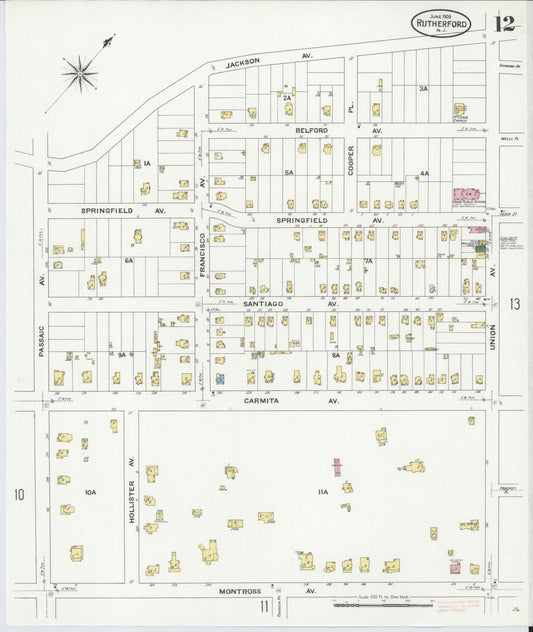 Sanborn Fire Insurance Map from Rutherford, Bergen County, New Jersey (1909), Sheet #0012 - Historic Sanborn Fire Insurance Map Print, vintage old map wall art, antique decor, genealogy gift, New Jersey New Jersey map