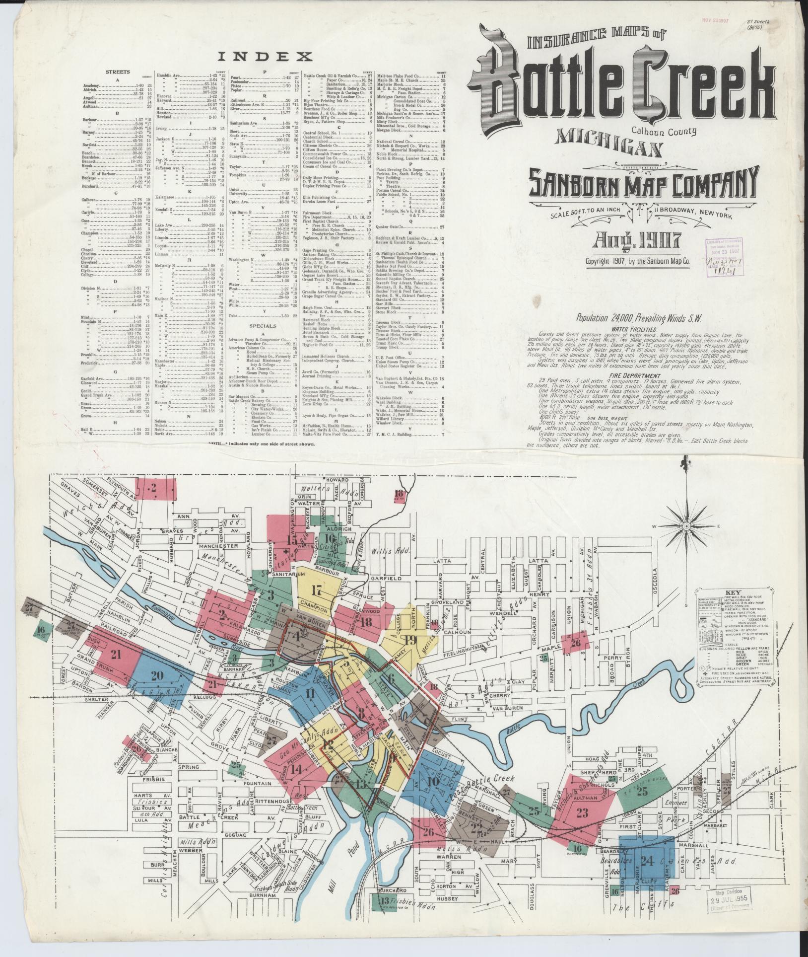 Sanborn Fire Insurance Map from Battle Creek, Calhoun County, Michigan (1907), Sheet #0001 - Historic Sanborn Fire Insurance Map Print, vintage old map wall art, antique decor, genealogy gift, Michigan Michigan map