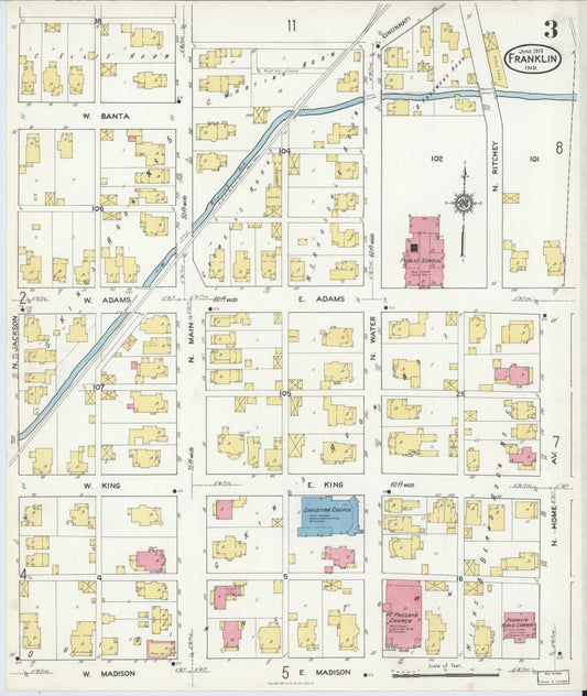 Sanborn Fire Insurance Map from Franklin, Johnson County, Indiana (1916), Sheet #0003 - Historic Sanborn Fire Insurance Map Print, vintage old map wall art, antique decor, genealogy gift, Indiana Indiana map