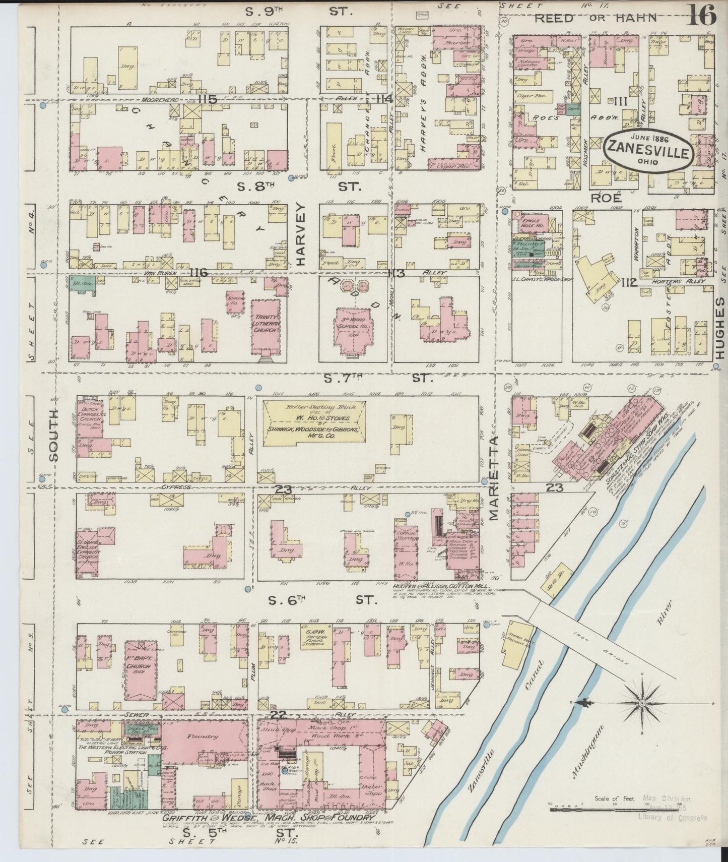 Sanborn Fire Insurance Map from Zanesville, Muskingum County, Ohio (1886), Sheet #0016 - Historic Sanborn Fire Insurance Map Print, vintage old map wall art, antique decor, genealogy gift, Ohio Ohio map