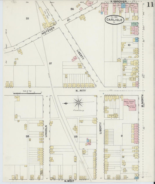 Sanborn Fire Insurance Map from Carlisle, Cumberland County, Pennsylvania (1890), Sheet #0011 - Historic Sanborn Fire Insurance Map Print, vintage old map wall art, antique decor, genealogy gift, Pennsylvania Pennsylvania map