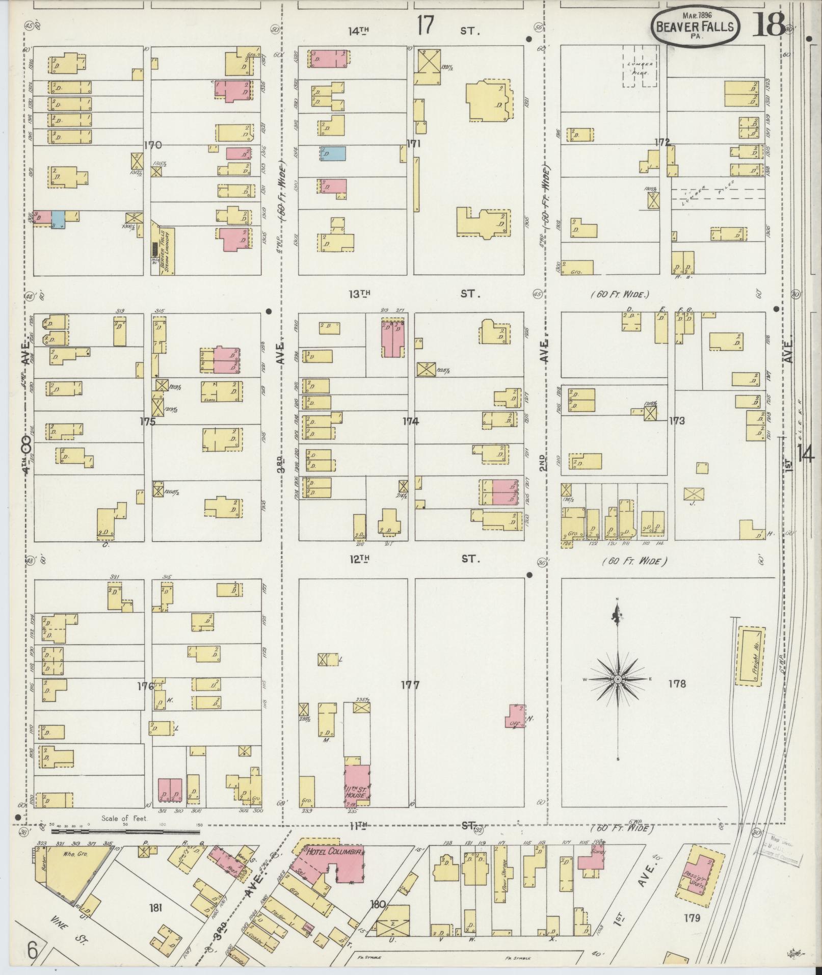 Sanborn Fire Insurance Map from Beaver Falls, Beaver County, Pennsylvania (1896), Sheet #0018 - Historic Sanborn Fire Insurance Map Print, vintage old map wall art, antique decor, genealogy gift, Pennsylvania Pennsylvania map