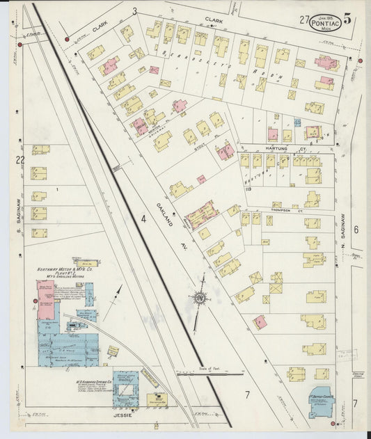 Sanborn Fire Insurance Map from Pontiac, Oakland County, Michigan (1915), Sheet #0005 - Historic Sanborn Fire Insurance Map Print, vintage old map wall art, antique decor, genealogy gift, Michigan Michigan map