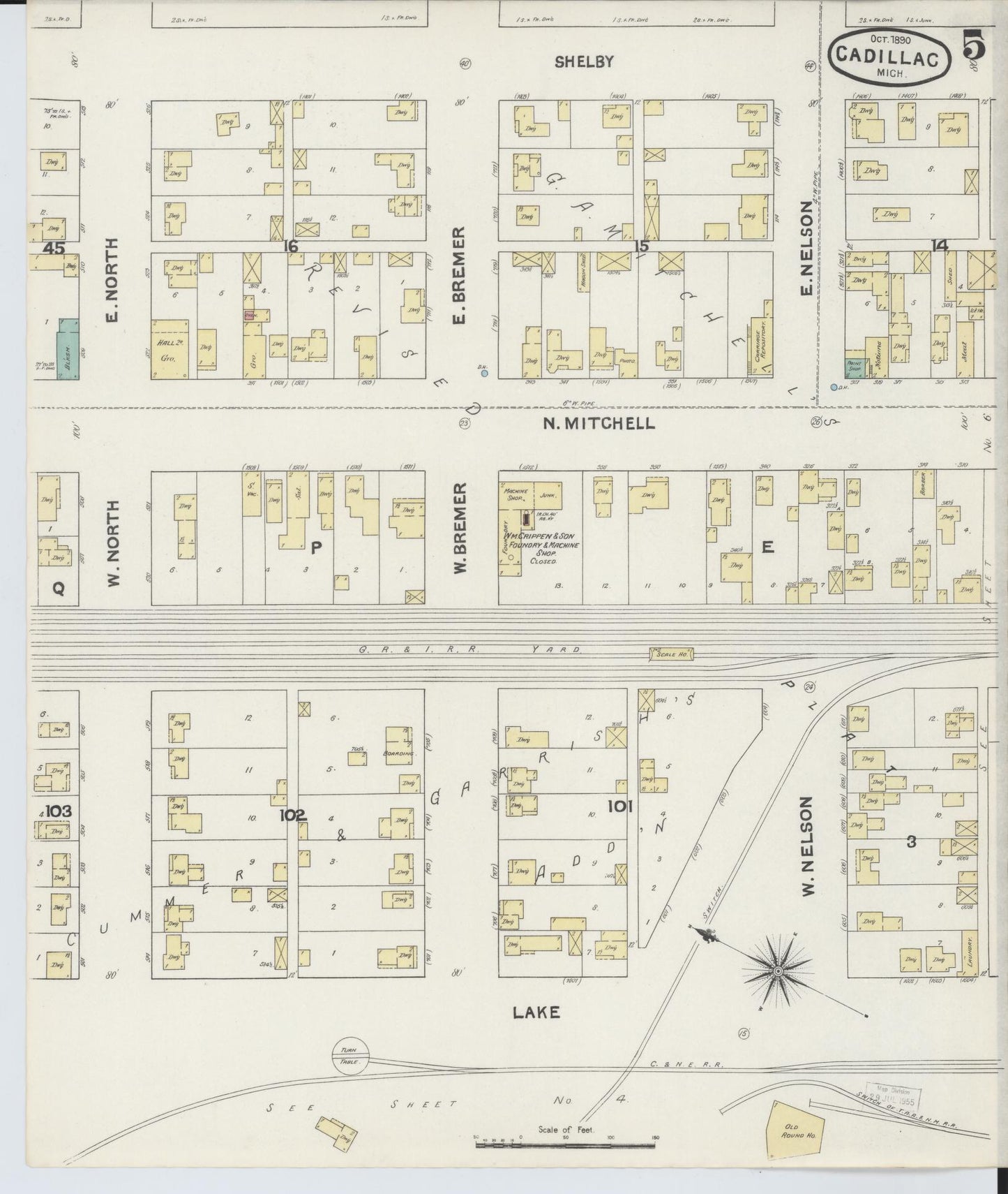 Sanborn Fire Insurance Map from Cadillac, Wexford County, Michigan (1890), Sheet #0005 - Historic Sanborn Fire Insurance Map Print, vintage old map wall art, antique decor, genealogy gift, Michigan Michigan map