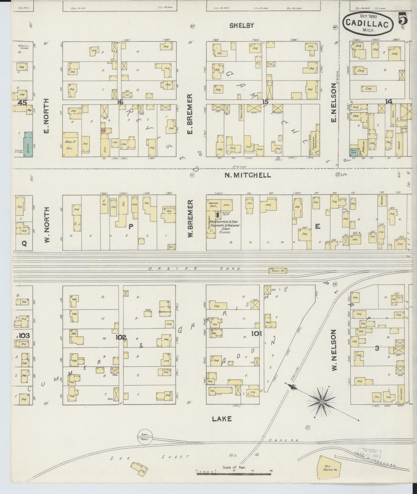 Sanborn Fire Insurance Map from Cadillac, Wexford County, Michigan (1890), Sheet #0005 - Historic Sanborn Fire Insurance Map Print, vintage old map wall art, antique decor, genealogy gift, Michigan Michigan map
