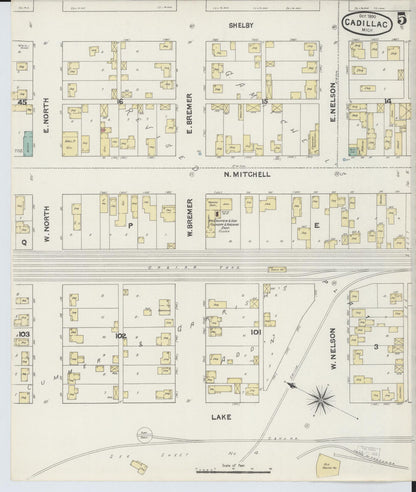 Sanborn Fire Insurance Map from Cadillac, Wexford County, Michigan (1890), Sheet #0005 - Historic Sanborn Fire Insurance Map Print, vintage old map wall art, antique decor, genealogy gift, Michigan Michigan map