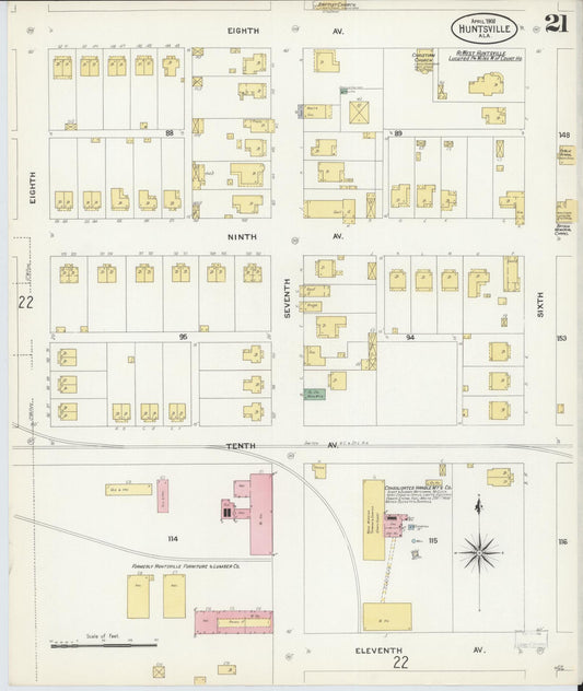 Sanborn Fire Insurance Map from Huntsville, Madison County, Alabama (1908), Sheet #0021 - Historic Sanborn Fire Insurance Map Print, vintage old map wall art, antique decor, genealogy gift, Alabama Alabama map