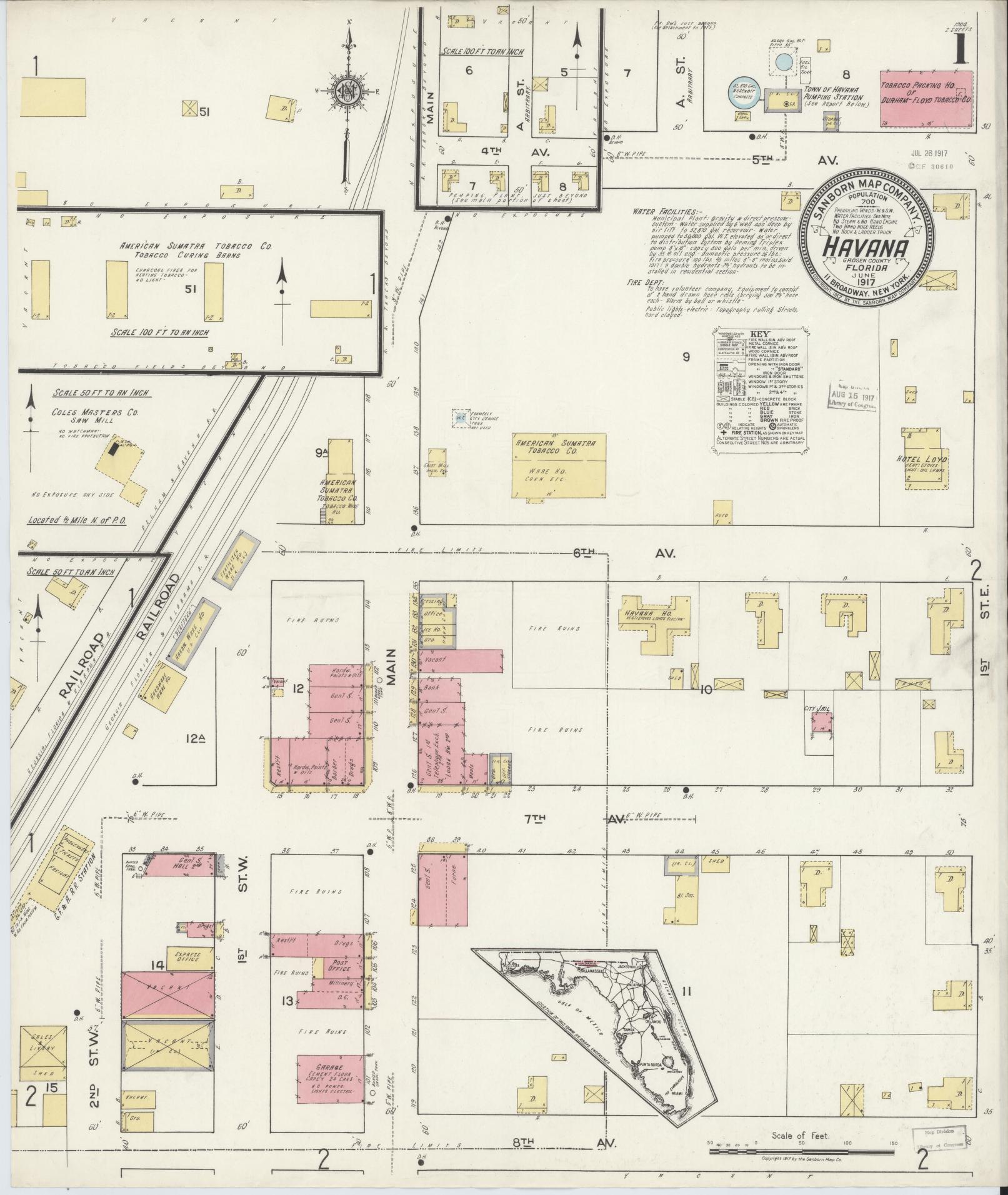 Sanborn Fire Insurance Map from Havana, Gadsden County, Florida (1917), Sheet #0001 - Complete Map Set gallery image, historic Sanborn map, vintage wall art, Florida Florida
