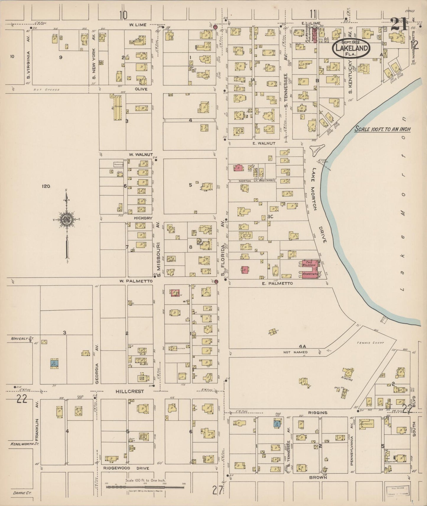 Sanborn Fire Insurance Map from Lakeland, Polk County, Florida (1922), Sheet #0021 - Complete Map Set gallery image, historic Sanborn map, vintage wall art, Florida Florida