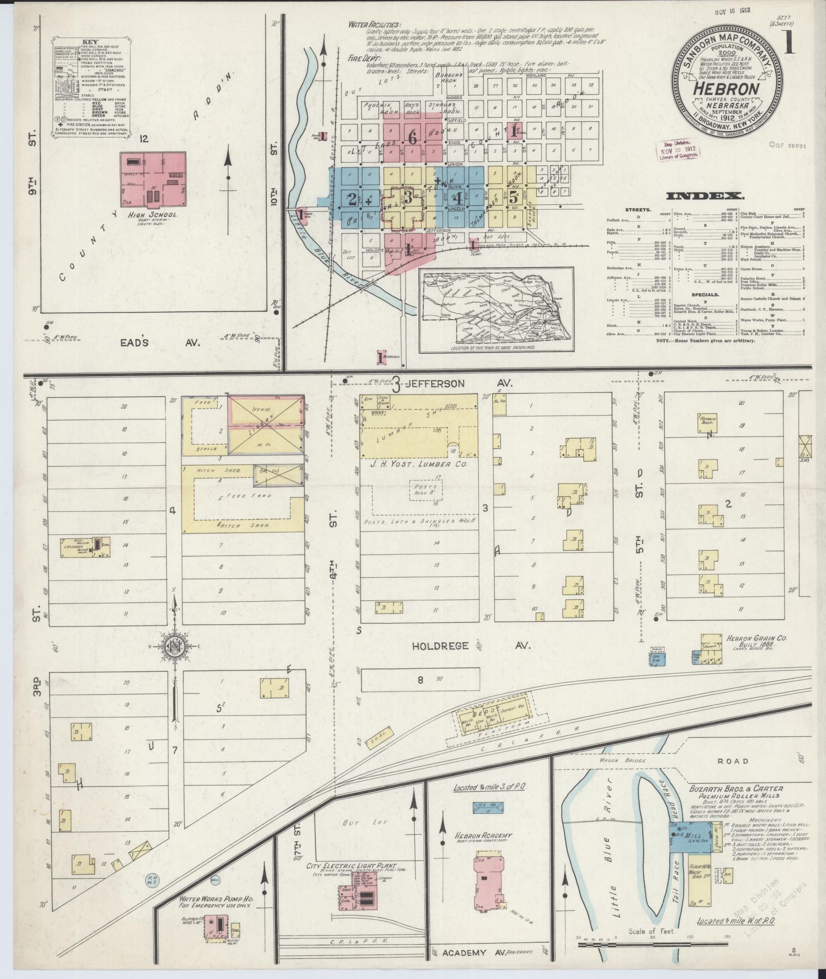 Sanborn Fire Insurance Map from Hebron, Thayer County, Nebraska (1912), Sheet #0001 - Historic Sanborn Fire Insurance Map Print, vintage old map wall art, antique decor, genealogy gift, Nebraska Nebraska map