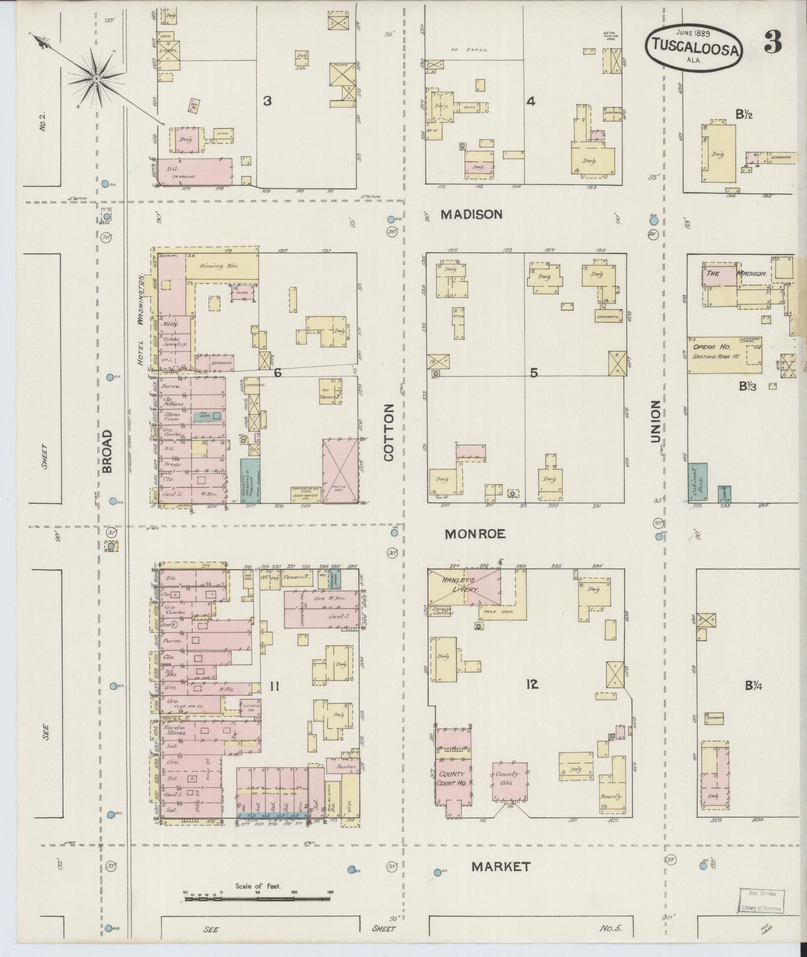 Sanborn Fire Insurance Map from Tuscaloosa, Tuscaloosa County, Alabama (1889), Sheet #0003 - Historic Sanborn Fire Insurance Map Print, vintage old map wall art, antique decor, genealogy gift, Alabama Alabama map