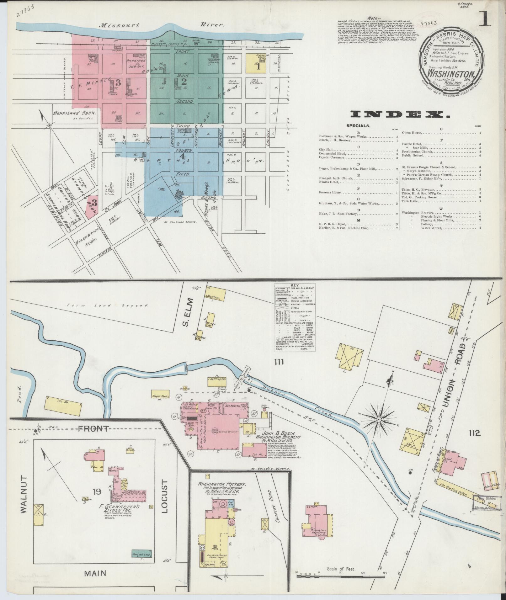 Sanborn Fire Insurance Map from Washington, Franklin County, Missouri (1893), Sheet #0001 - Historic Sanborn Fire Insurance Map Print, vintage old map wall art, antique decor, genealogy gift, Missouri Missouri map