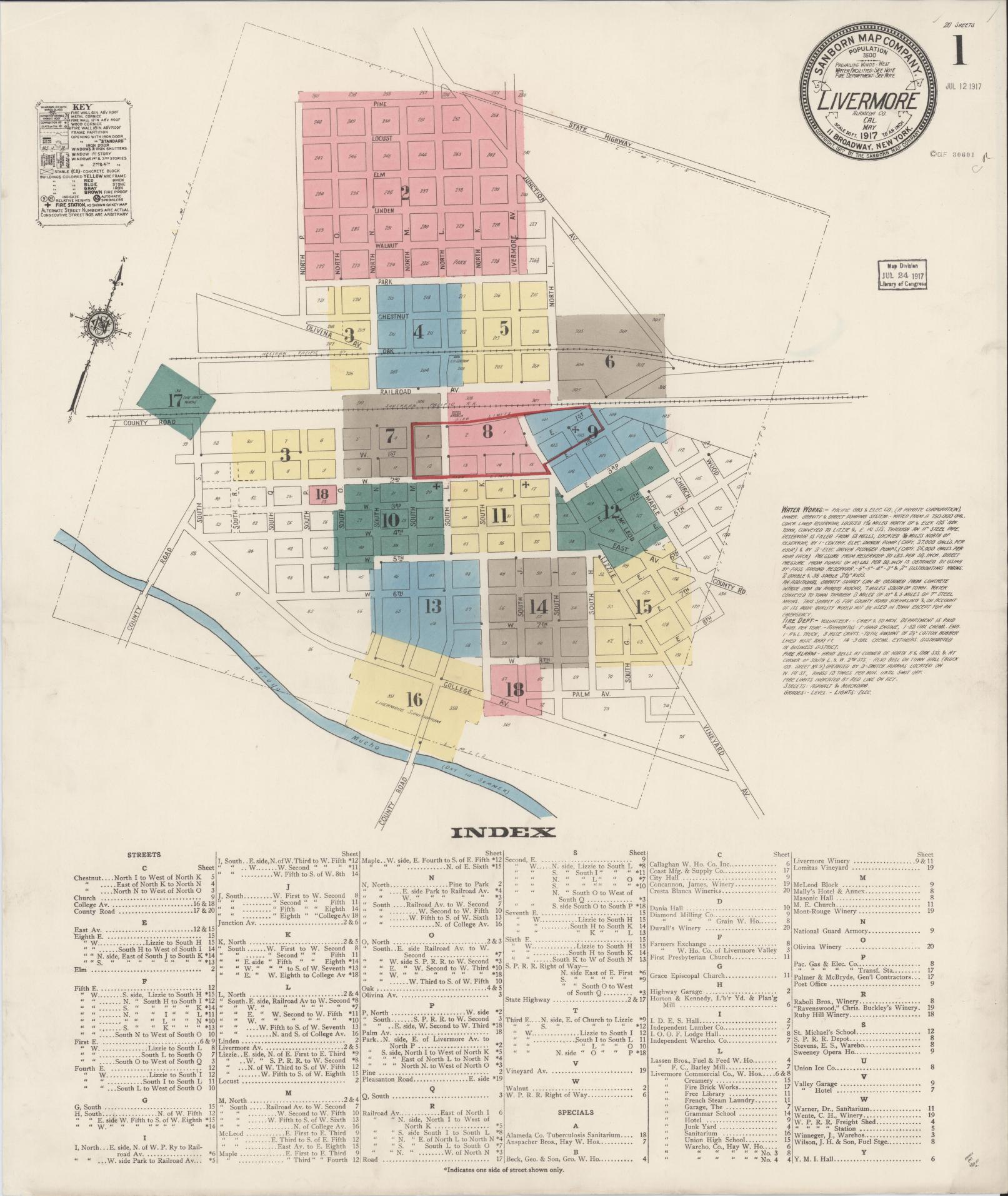 Sanborn Fire Insurance Map from Livermore, Alameda County, California (1917), Sheet #0001 - Complete Map Set gallery image, historic Sanborn map, vintage wall art, California California
