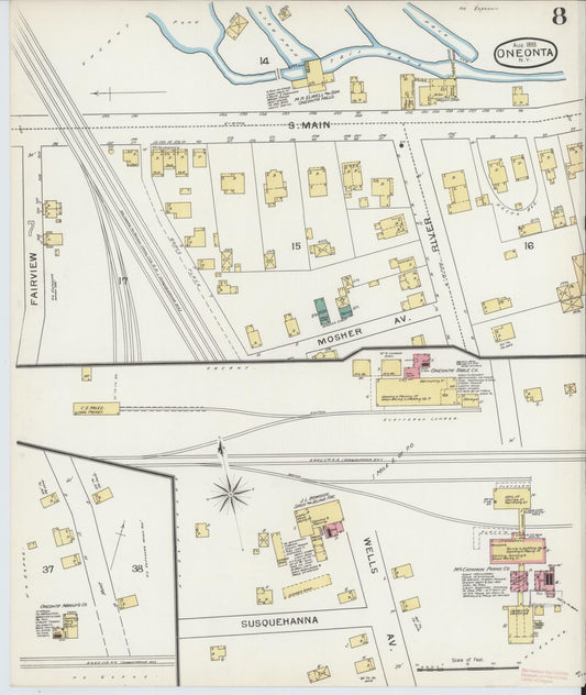 Sanborn Fire Insurance Map from Oneonta, Otsego County, New York (1893), Sheet #0008 - Historic Sanborn Fire Insurance Map Print, vintage old map wall art, antique decor, genealogy gift, New York New York map