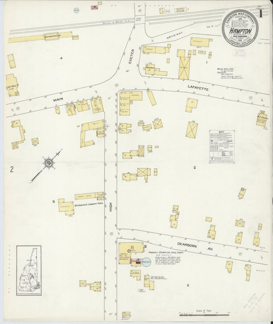 Sanborn Fire Insurance Map from Hampton, Rockingham County, New Hampshire (1912), Sheet #0001 - Historic Sanborn Fire Insurance Map Print, vintage old map wall art, antique decor, genealogy gift, New Hampshire New Hampshire map
