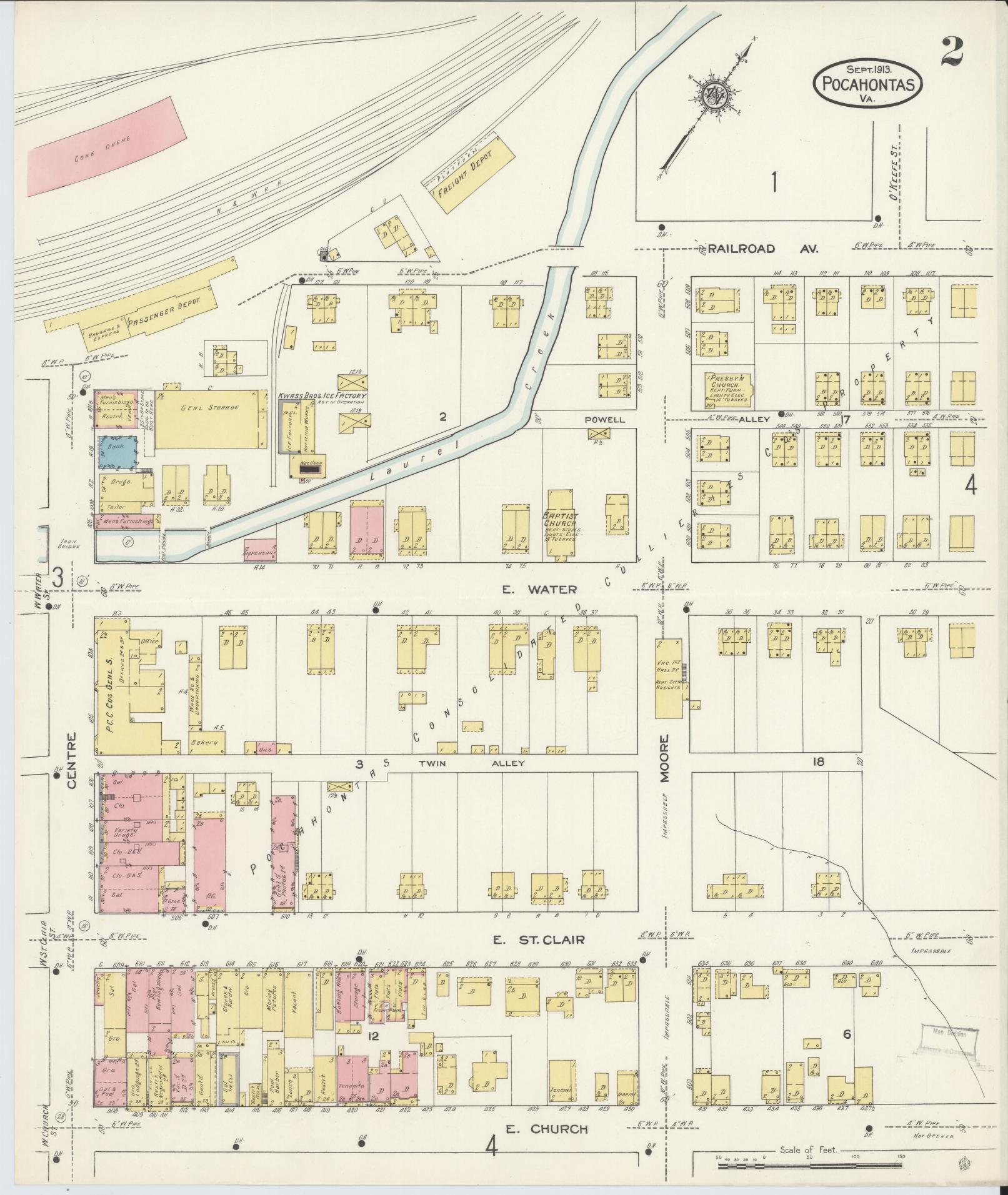 Sanborn Fire Insurance Map from Pocahontas, Tazewell County, Virginia (1913), Sheet #0002 - Complete Map Set gallery image, historic Sanborn map, vintage wall art, Virginia Virginia
