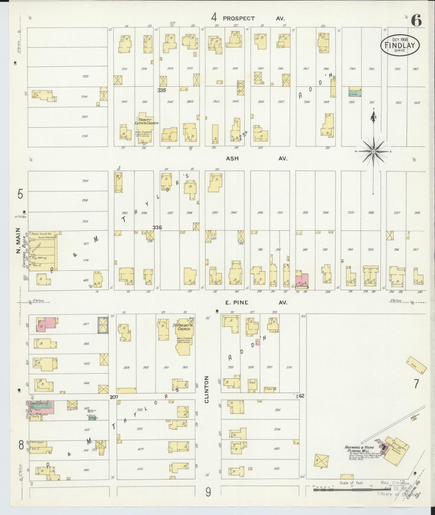 Sanborn Fire Insurance Map from Findlay, Hancock County, Ohio (1908), Sheet #0006 - Historic Sanborn Fire Insurance Map Print, vintage old map wall art, antique decor, genealogy gift, Ohio Ohio map