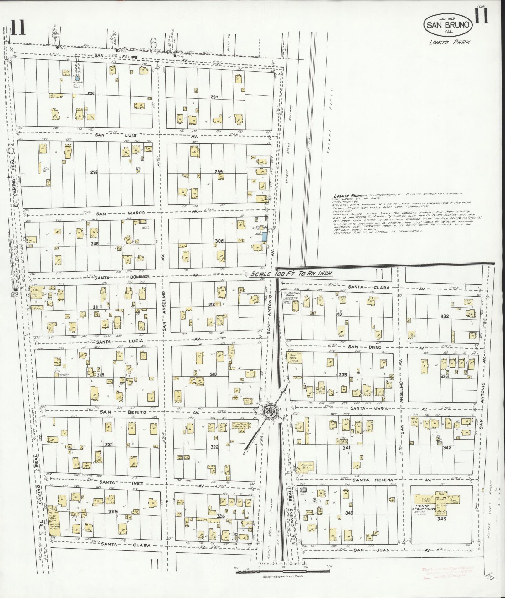 Sanborn Fire Insurance Map from San Bruno, San Mateo County, California (1925), Sheet #0011 - Complete Map Set gallery image, historic Sanborn map, vintage wall art, California California