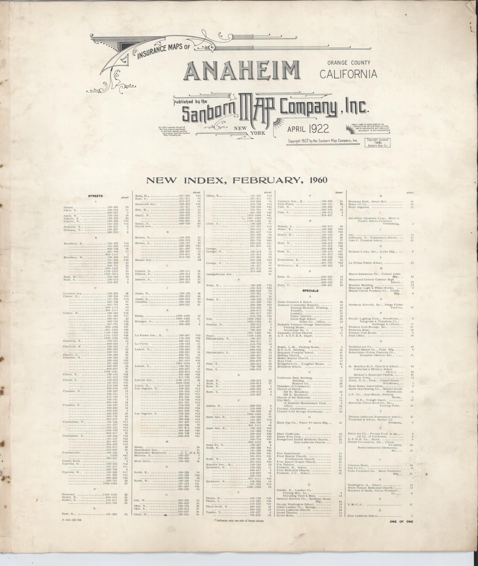 Sanborn Fire Insurance Map from Anaheim, Orange County, California (1963), Sheet #0001 - Historic Sanborn Fire Insurance Map Print, vintage old map wall art, antique decor, genealogy gift, California California map