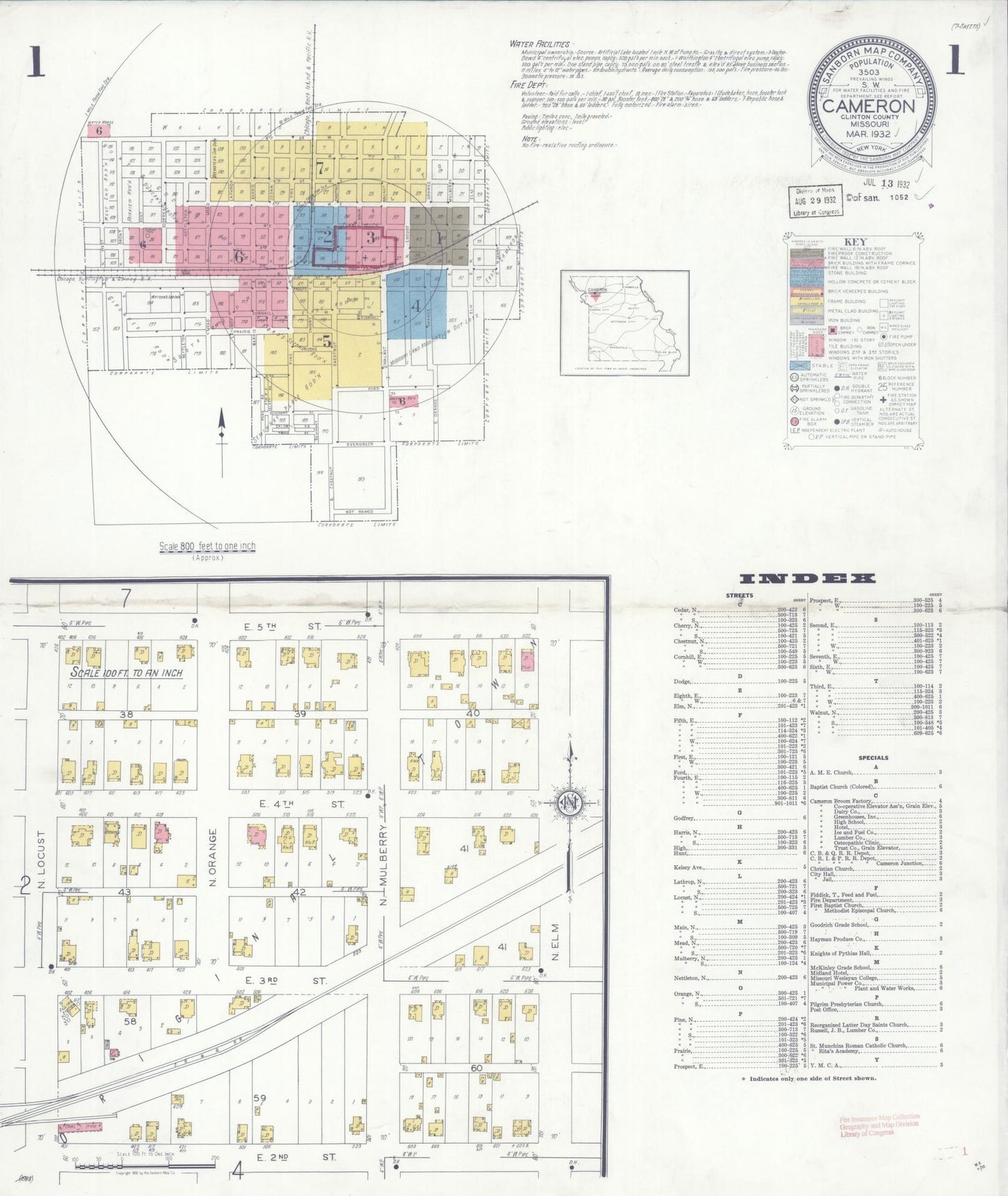 Sanborn Fire Insurance Map from Cameron, Clinton County, Missouri (1932), Sheet #0001 - Historic Sanborn Fire Insurance Map Print, vintage old map wall art, antique decor, genealogy gift, Missouri Missouri map