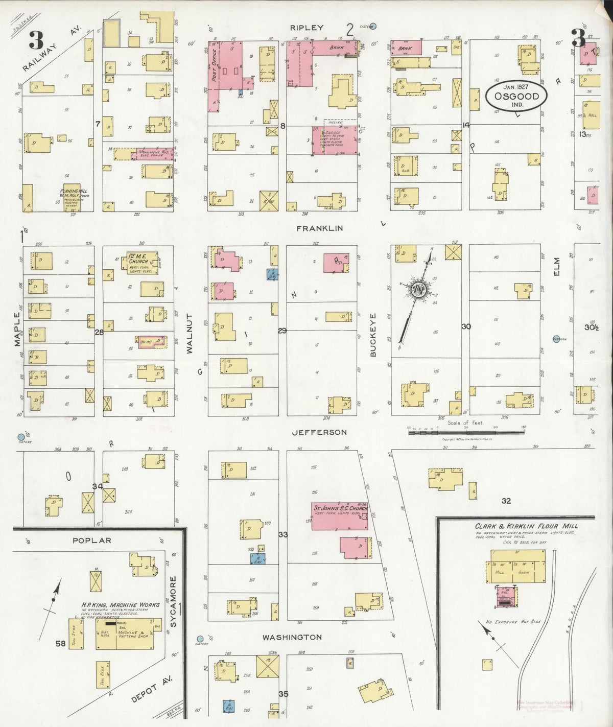 Sanborn Fire Insurance Map from Osgood, Ripley County, Indiana (1927), Sheet #0003 - Historic Sanborn Fire Insurance Map Print, vintage old map wall art, antique decor, genealogy gift, Indiana Indiana map
