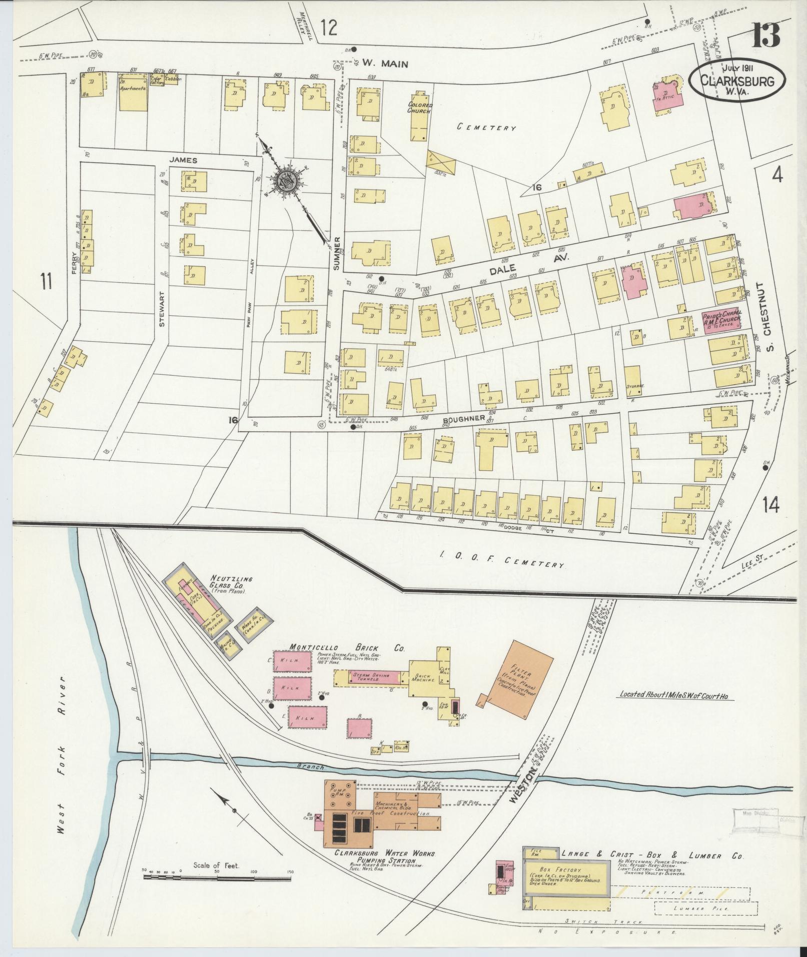 Sanborn Fire Insurance Map from Clarksburg, Harrison County, West Virginia (1911), Sheet #0013 - Complete Map Set gallery image, historic Sanborn map, vintage wall art, West Virginia West Virginia