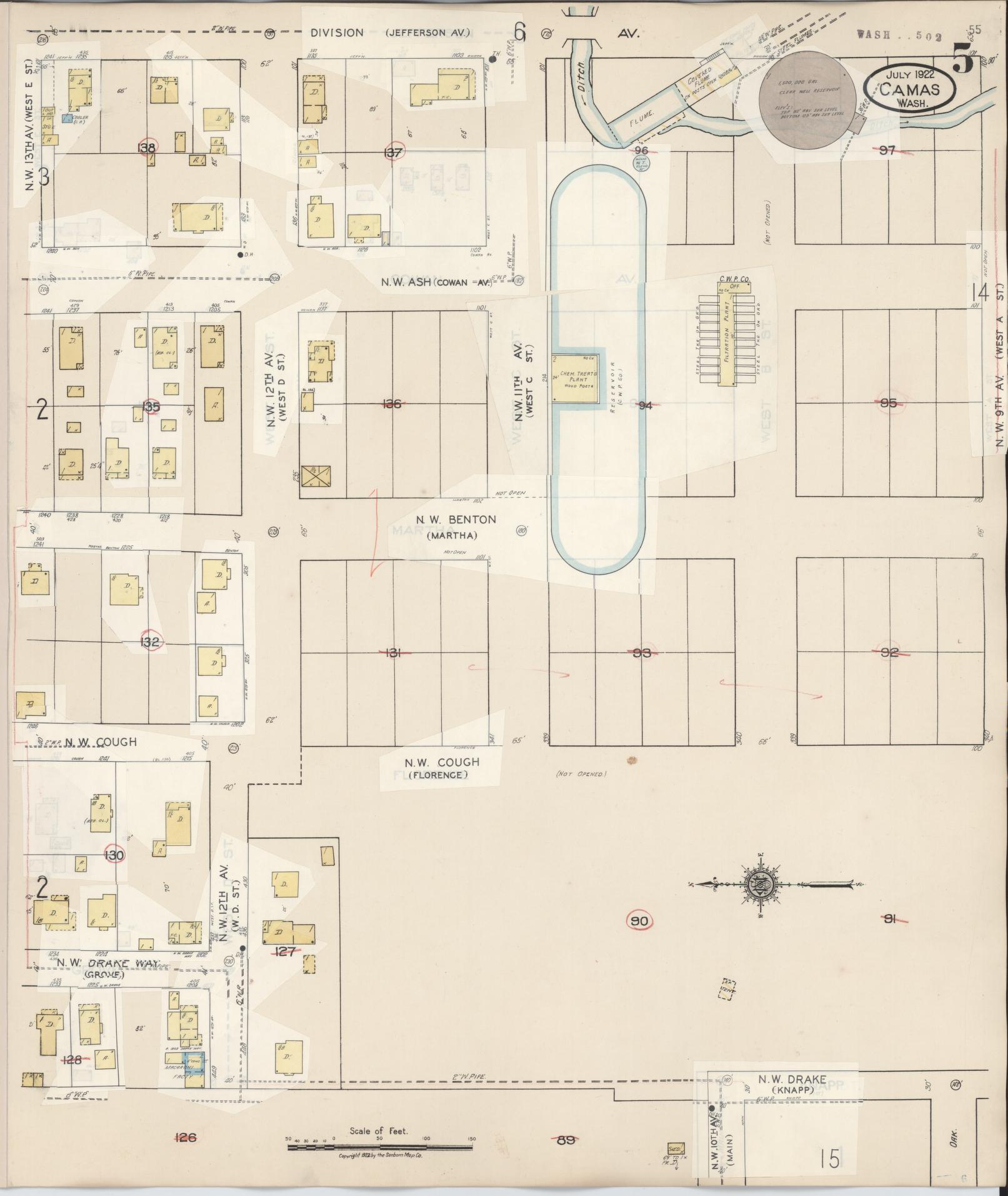 Sanborn Fire Insurance Map from Camas, Clark County, Washington (1943), Sheet #0005 - Historic Sanborn Fire Insurance Map Print, vintage old map wall art, antique decor, genealogy gift, Washington Washington map