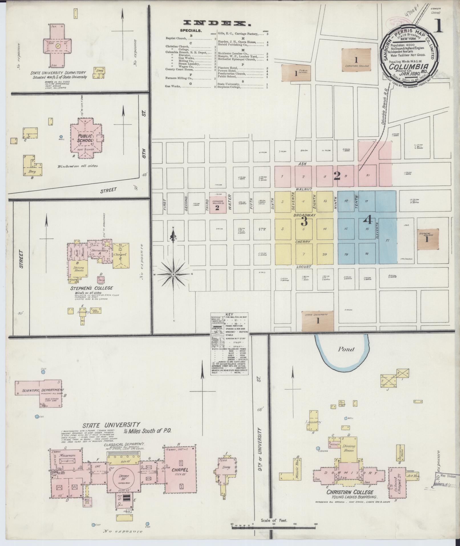 Sanborn Fire Insurance Map from Columbia, Boone County, Missouri (1890), Sheet #0001 - Historic Sanborn Fire Insurance Map Print, vintage old map wall art, antique decor, genealogy gift, Missouri Missouri map