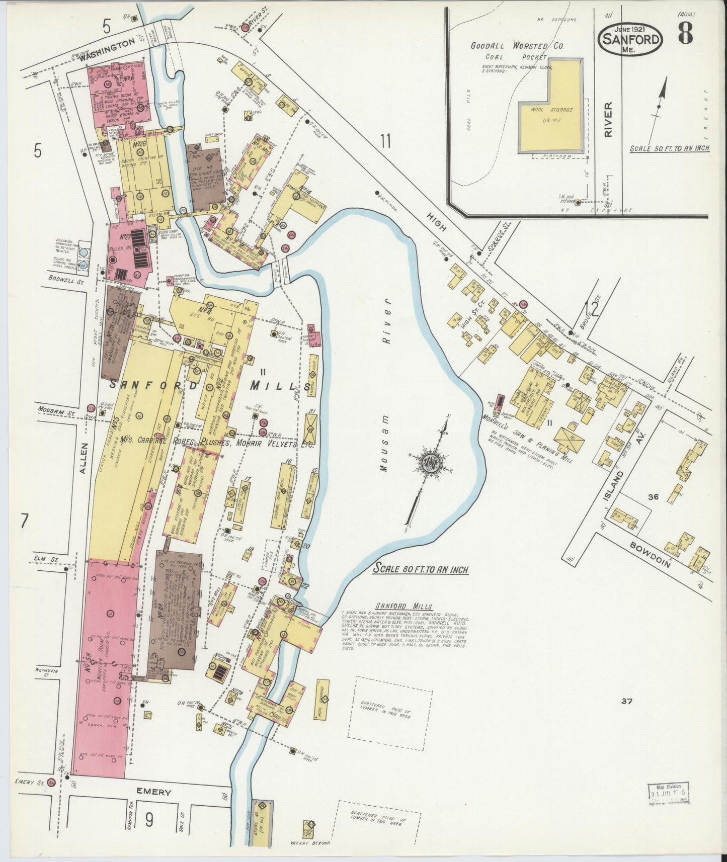 Sanborn Fire Insurance Map from Sanford, York County, Maine (1921), Sheet #0008 - Complete Map Set gallery image, historic Sanborn map, vintage wall art, Maine Maine