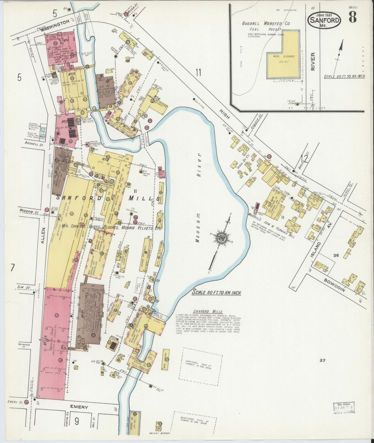 Sanborn Fire Insurance Map from Sanford, York County, Maine (1921), Sheet #0008 - Complete Map Set gallery image, historic Sanborn map, vintage wall art, Maine Maine