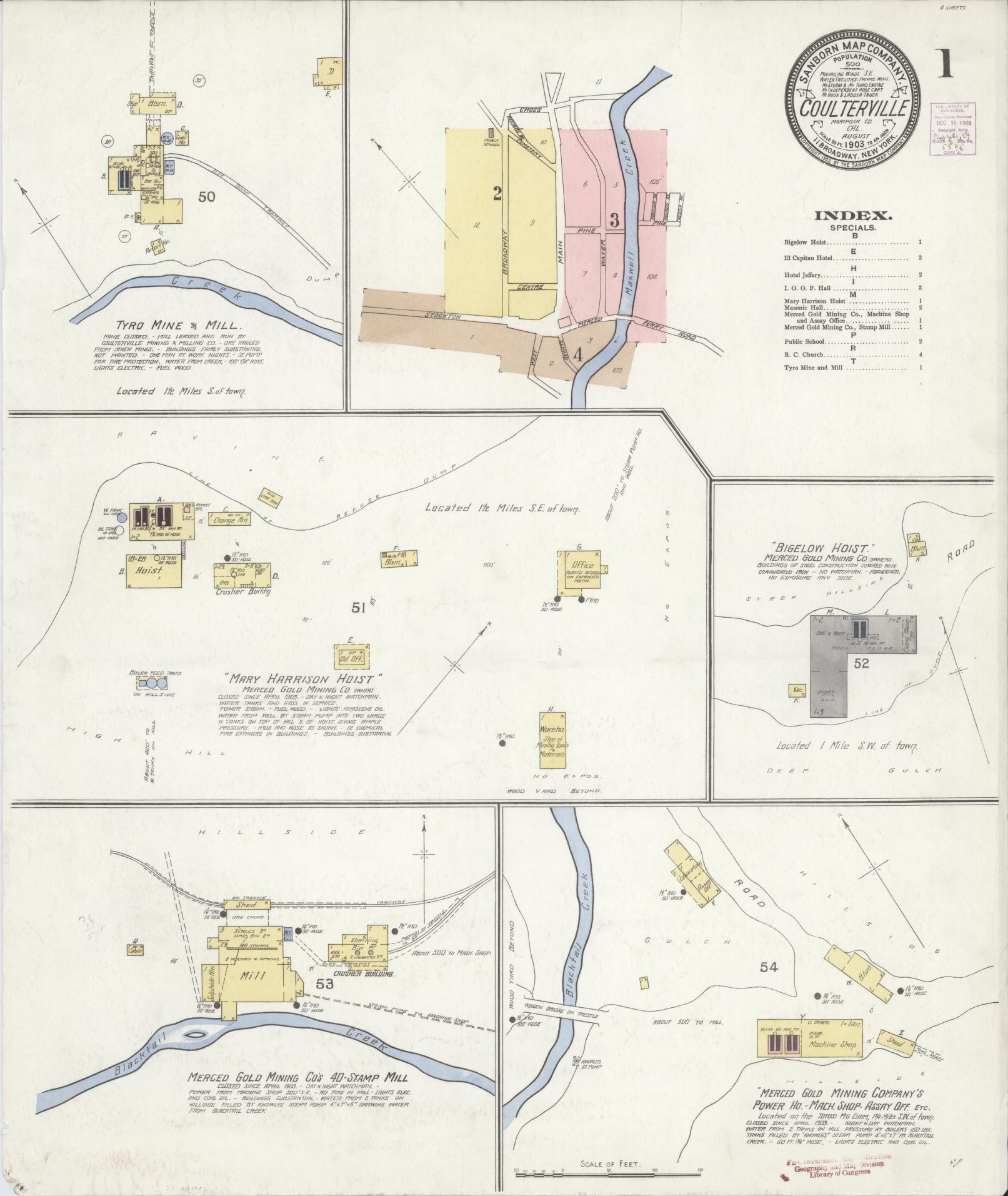 Sanborn Fire Insurance Map from Coulterville, Mariposa County, California (1903), Sheet #0001 - Complete Map Set gallery image, historic Sanborn map, vintage wall art, California California